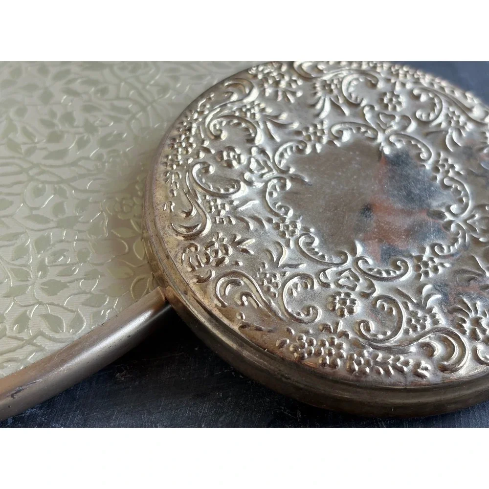 Vintage Gold Tone Floral Vanity Set Hand Mirror Hairbrush Compact 3 Piece Set
